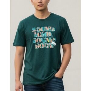 ASICS Mens Graphic T Shirt Sound Mind Sound Body Teal Short Sleeve Tee size‎ XS